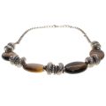 Necklace - Silver Tone Chain Vintage. Tigers Eye Stones with Silver Metal Beads - ML3303