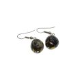 Earrings - Gold Tone Mottled Black and Cream Ball. Silver Tone Hook for Pierced Ears - ML3409