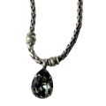 Necklace - Vintage Dark Grey Tone Chain. Pendant Teardrop Faceted Clear Stone - ML3574