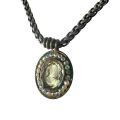 Necklace - Vintage Silver Tone Chain. Oval lucite Cameo Pendant surrounded by Rhinestones - ML3576