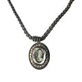 Necklace - Vintage Silver Tone Chain. Oval lucite Cameo Pendant surrounded by Rhinestones - ML3576