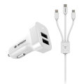 Intouch Dual Car Charger 2.4A + 3 Prong Cable - White