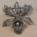 Silver metal orchid brooch marcasite and faux pearl