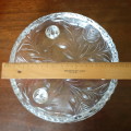 Rose cut Lead Crystal Salad or flower Bowl on 3 snail feet - 24 cms dia - some chips