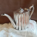 Antique S/P britania metal teapot - Copper Lion on hinged lid -interesting old repairs to the base