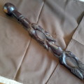 African Hand carved stick - red hardwood -2 african heads -1 meter long
