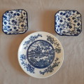 3 blue and white decorative items  -  14.5cm dia saucer and 2 x 9cms dia pin dishes