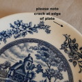 3 blue and white decorative items  -  14.5cm dia saucer and 2 x 9cms dia pin dishes