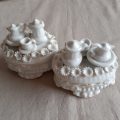 Porcelain Staffordshire fairing - tiny lidded box with porcelain tea set on top - has chips