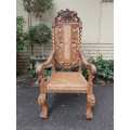 Late 19th Century Continental Carved Bleached / Natural Oak Arm Chair with Rattan
