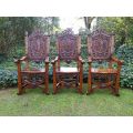 A Set of 3 Carved Continental Throne / King Chairs