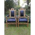 Pair 19th Century Carved Bleached / Natural Oak Carver Chairs  upholstered