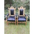 Pair 19th Century Carved Bleached / Natural Oak Carver Chairs  upholstered