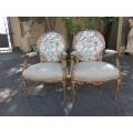 Pair Of French Style Carved Armchairs, Gilded And Upholstered In Imported Linen And Cotton Uphols...