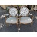 Pair Of French Style Carved Armchairs, Gilded And Upholstered In Imported Linen And Cotton Uphols...