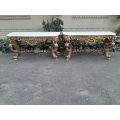 Pair Louis XVI style moulded and gilded Console / Hall Tables, with moulded serpentine fronted gr...