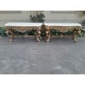 Pair Louis XVI style moulded and gilded Console / Hall Tables, with moulded serpentine fronted gr...