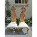 A 20th Century Rare Pair of Baroque Style Carved and Hand Gilded Throne Chairs Upholstered in a C...