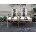 A Fine Pair of Antique/Vintage French Style Gilded Armchairs Upholstered in a Hand-painted Fabric