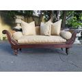 Victorian Carved Scroll Arm Wooden Settee On Castors With Redone Rattan and Upholstered in Hessia...