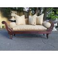 Victorian Carved Scroll Arm Wooden Settee On Castors With Redone Rattan and Upholstered in Hessia...