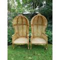 Pair of Teak Bleached / Natural Wood and Rattan Balloon / Dome / porter chairs with seat cushion ...