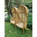 Pair of Teak Bleached / Natural Wood and Rattan Balloon / Dome / porter chairs with seat cushion ...