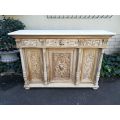 An Early 20th Century Bleached / Natural Wood Finish Walnut Carved Cabinet with A Cream Marble top