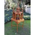 A 20th Century Carved Mahogany and Teak Wood Architectural Cathedral Style Birdcage on Stand