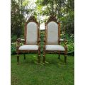 An Intricately Carved Pair of French Baroque/Rococo Style King/Throne Gold Painted Armchairs Upho...