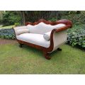 A 19th Century Dutch Biedermeier Carved Mahogany Settee Upholstered in an Imported Linen (Circa 1...