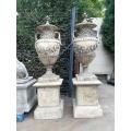 Pair of Very Large 20th Century English Cast Stone Concrete Regency-style Lidded Urns On Concrete...