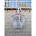 A French Style Brass and Crystal Plate Chandelier with a Floral Cerise Top