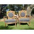 A 20th Century French Style Ornately Carved and Gilded Pair of Arm Chairs