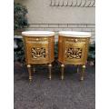 A Pair of French Style Ornately Carved Giltwood Pedestals/Side Tables with Marble Tops
