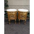 A Pair of French Style Ornately Carved Giltwood Pedestals/Side Tables with Marble Tops