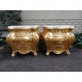 A Pair of French Style Ornately Carved Bombe Giltwood Pedestals/Side Tables with Marble Tops