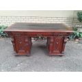 An Antique 19th Century Oak Carved and Ebonised Desk with Three Drawers and Two Pedestals with To...
