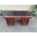 An Antique 19th Century Oak Carved and Ebonised Desk with Three Drawers and Two Pedestals with To...