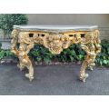 A Rare 19th Century English Ornately Carved Oak and Gilded Console Table with Marble Top