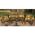A Set of French Rococo Style Ornately Carved and Gilded Chest of Drawers and Pair of Side Tables ...