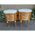 A Pair of French Style Hand-Gilded Oval Pedestals/Side Tables with Cream Marble Tops