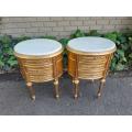 A Pair of French Style Hand-Gilded Oval Pedestals/Side Tables with Cream Marble Tops