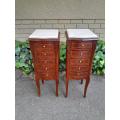 A Pair Of 20th Century French Style Walnut With Inlaid Pedestals With Five Drawers And Cream Ma...