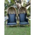 A Pair of French Style Hand Carved Wooden and Gilded Rattan Dome/Canopy Chairs Upholstered in Lea...