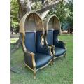 A Pair of French Style Hand Carved Wooden and Gilded Rattan Dome/Canopy Chairs Upholstered in Lea...