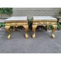 A Pair of 20th Century French Style Ornately Carved Hand Gilded Side Tables with Marble Top