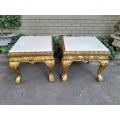 A Pair of 20th Century French Style Ornately Carved Hand Gilded Side Tables with Marble Top