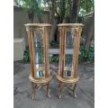 A French Style Pair of Gilded Cylindrical Display Cabinets / Vitrines with Marble Tops
