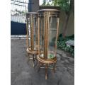A French Style Pair of Gilded Cylindrical Display Cabinets / Vitrines with Marble Tops